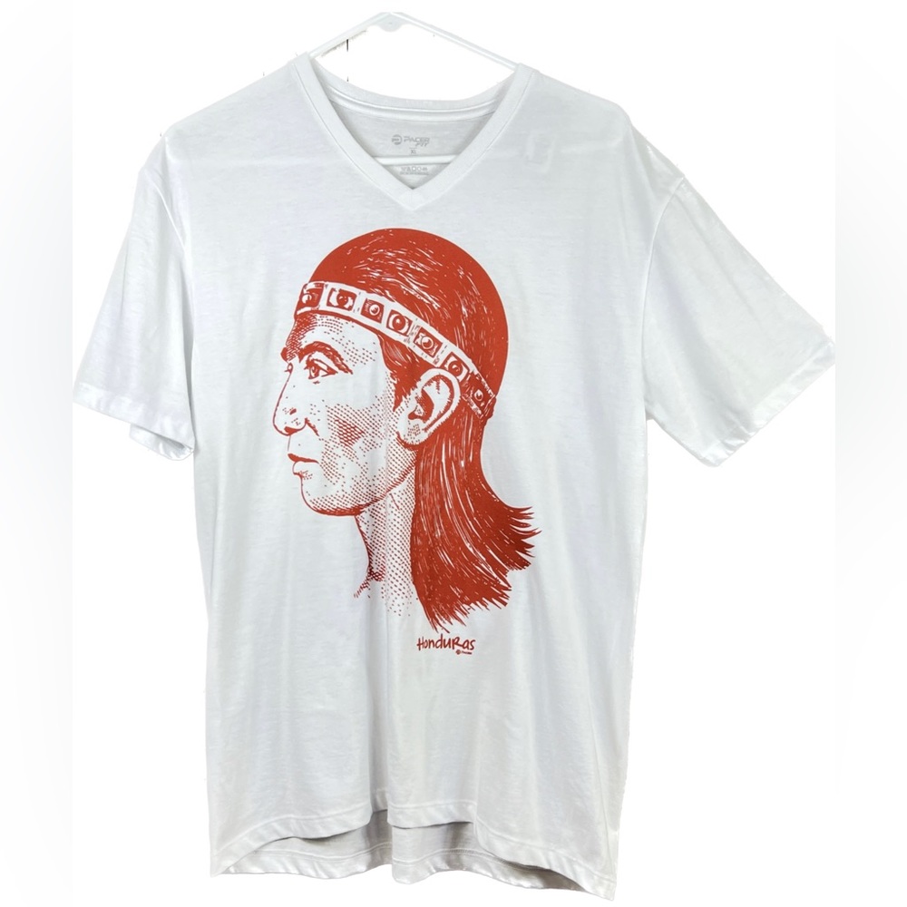 Pacer Fit Size XL White V-Neck T-Shirt with an Orange-Redish Tribal Head…